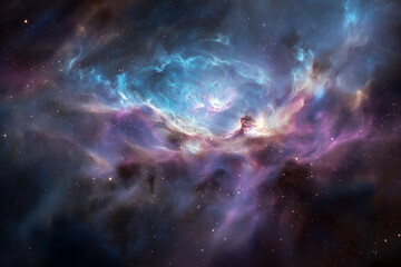 Fototapeta premium Vivid cosmic nebula filled with blue, purple, and pink clouds of gas and dust, illuminated by distant stars and glowing light across deep space.