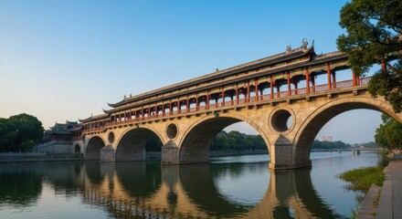 Fototapeta premium Traditional arched stone bridge with ornate roof over calm river water