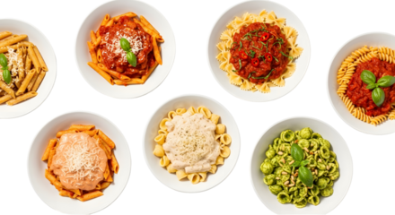 Variety of Pasta Dishes on White Background Italian Cuisine, Sauces, and Culinary Delights