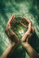 a woman's hands touching a glass of water with both hands on water surface for clean water rejuvenation, refreshment, spa, personal care, beauty healing concept