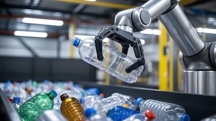 Automated robotic arm sorting plastic bottles in a recycling plant efficiently