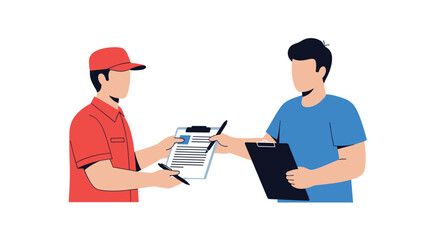 Delivery person handing over paperwork to customer for signature, professional and reliable service, modern design concept