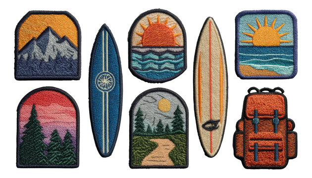 Colorful Embroidered Patches Featuring Nature Scenes and Surfing Elements