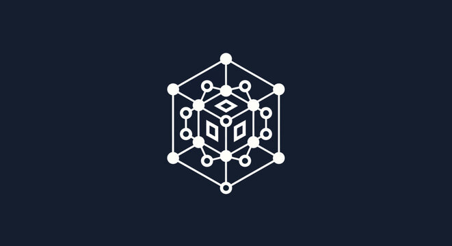 A white geometric diagram on a dark blue background featuring connected circles and lines in a cube form