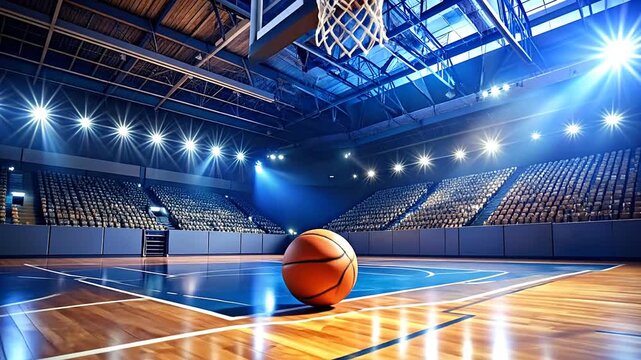 Professional basketball arena with a game ball on the court under bright spotlights, ready for a match
