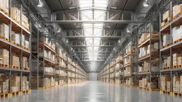 An expansive warehouse displays rows of organized pallets filled with boxes under bright overhead lights