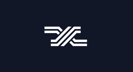 A white, stylized design on navy blue. It features interwoven, parallel lines forming an 