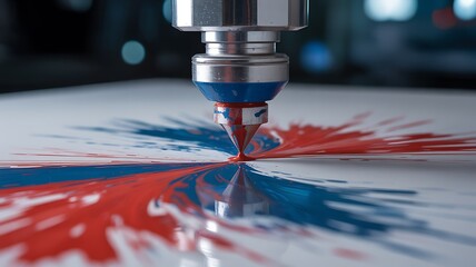 Automated robotic paint application process creating a colorful abstract pattern