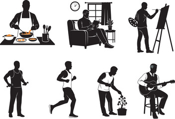 Daily life silhouette set, cooking, reading, painting, exercising, gardening, music, black vector illustration, hobby activity, home lifestyle, creative poses