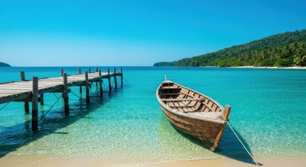 Obraz premium Tropical beach scene with wooden pier, boat, turquoise water, forested hill