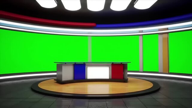 Modern News Studio Set with Green Screen Background.
