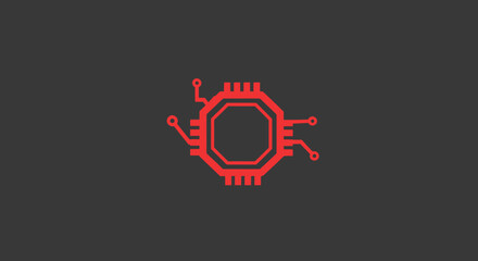 Red stylized circuit board graphic centered on dark grey background