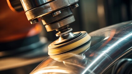 Close up view of metal polishing process with power tool equipment