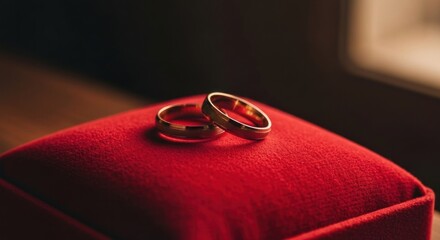 Two gold wedding bands on a red velvet ring box, soft light, wooden table