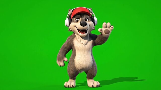 Animated Wolf Character Dancing on Green Screen Background.