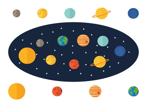 Cute collection of flat design solar system planets and stars, perfect for educational or space projects