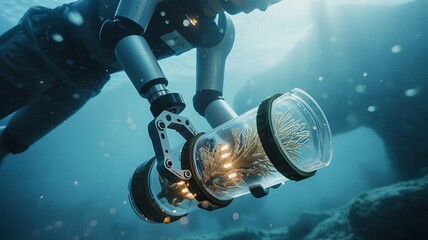 Futuristic underwater robotic diver collecting coral specimens for scientific research