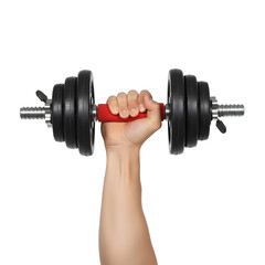 A strong hand lifts a black dumbbell with a red grip against a transparent background. The hand is muscular and male, showcasing strength and fitness.