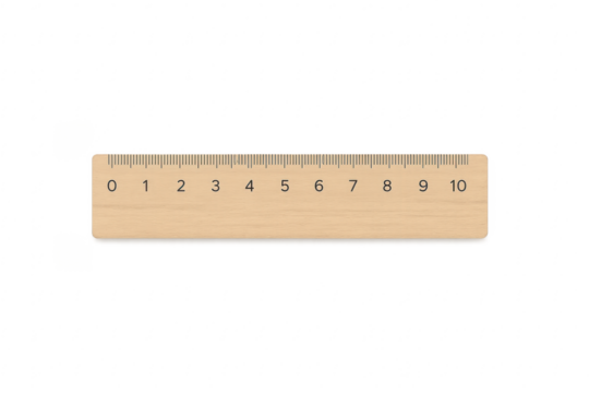Wooden ruler measuring length with numbers on transparent background