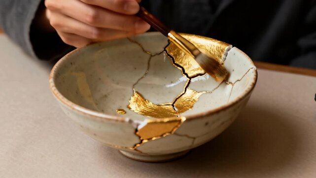 Kintsugi art technique restoring broken pottery with gold for unique home d&eacute;cor