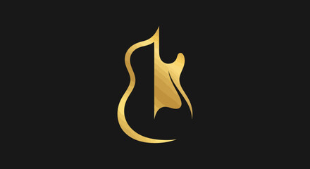 A gold guitar logo on a black background. The guitar has a modern, abstract design