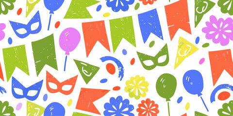 Colorful geometric seamless pattern with funky crayon featuring doodled balloons, fireworks, confetti, masks, and banners, naive geometric figures and forms. Kid's wrapping paper.