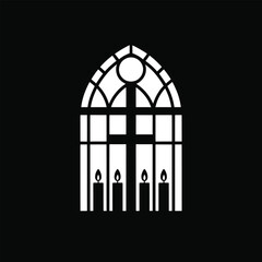 Christmas Church Window Silhouette Vector – Cross and Candlelight Religious Illustration, Holy Night Worship Design, Faith Symbol for Christian Holiday and Winter Festive Decoration