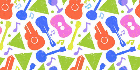 Colorful geometric seamless pattern with guitars, notes, microphones, and drums, naive geometric figures and forms. Kid's wrapping paper.