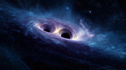 Distant view of twin black holes colliding, gravitational waves rippling through space