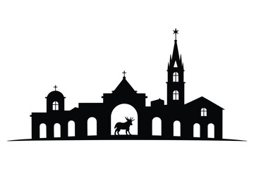 Christmas Nativity Town Silhouette Vector – Bethlehem Church Scene with Donkey and Star, Holy Night Religious Illustration for Christian Holiday, Winter Celebration, and Festive Design