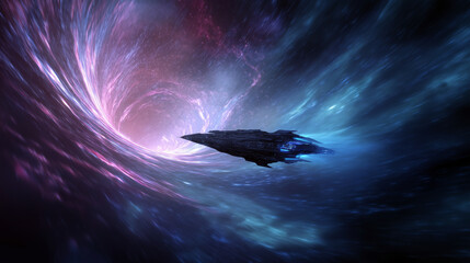 Futuristic spaceship traveling through glowing cosmic tunnel toward a wormhole surrounded by vivid blue and purple light, symbolizing interstellar travel and exploration