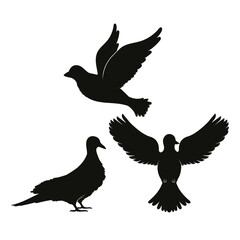 Three black dove silhouettes against a showing one standing and two flying representing peace freedom and hope in a simple graphic illustration