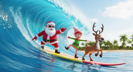 Funny Christmas tropical scene of Santa surfing with elf and reindeer