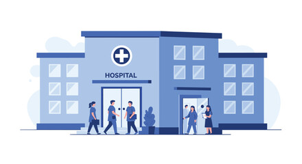 Modern hospital exterior with medical staff and patients entering, ideal for healthcare, clinic, or medical facility designs