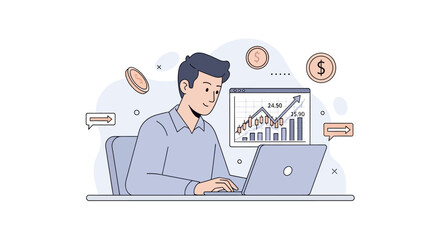 Man Analyzing Financial Growth Chart on Laptop with Coins.