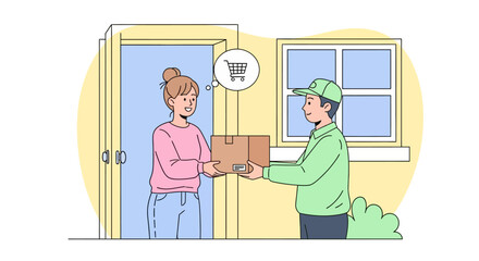 Courier in a green uniform delivering a package to a woman at her front door.