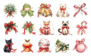 Fototapeta na wymiar PNG Charming festive watercolor illustrations, element set on transparent background