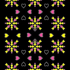 Colorful floral pattern with hearts on black background  