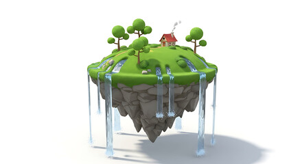 Floating island with house and waterfalls on white background