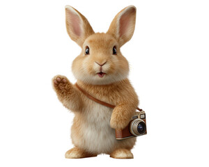 Fototapeta premium Cute happy rabbit character waving with vintage camera. Funny bunny mascot for photography or travel concept. Adorable little animal isolated on background for clipart