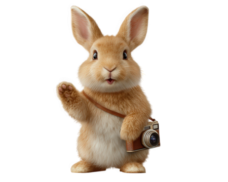 Cute happy rabbit character waving with vintage camera. Funny bunny mascot for photography or travel concept. Adorable little animal isolated on background for clipart