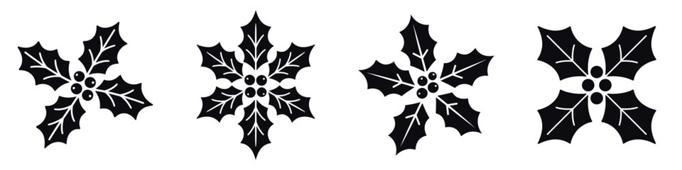 Christmas Holly Silhouette Vector Set – Festive Holiday Decoration with Holly Leaves and Berries, Traditional Winter Ornament Illustration for Seasonal Celebration and Christmas Design