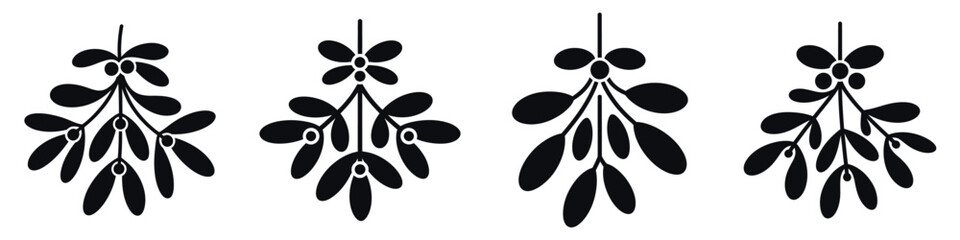 Christmas Mistletoe Silhouette Vector Set – Festive Holiday Plant with Leaves and Berries, Traditional Winter Decoration Illustration for Seasonal Celebration, Romance, and Christmas Design