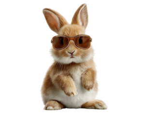 Funny cute brown bunny rabbit character wearing cool sunglasses. This isolated animal portrait has very confident and stylish attitude, perfect for humorous designs