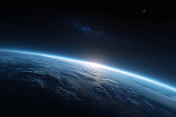 Fototapeta premium View of Earth from outer space showing the sunrise over the horizon, glowing atmosphere, and dark starry sky representing beauty and fragility of our planet