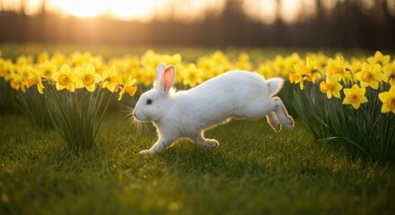 White rabbit hops through daffodil field in golden sunlight
