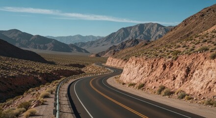 Winding desert road leads toward distant mountains under a clear blue sky