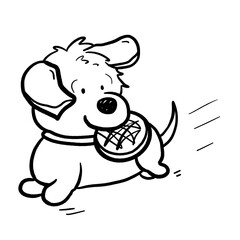Dog catching frisbee running fast isolated cartoon outline illustration