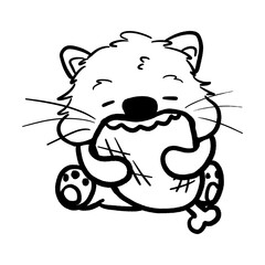 A cat is eating meat cartoon outline illustration