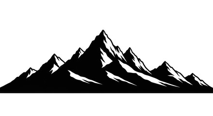 Striking monochrome panorama showcasing a majestic mountain range silhouette against a crisp white